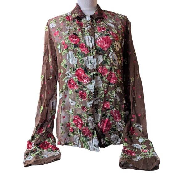 Stunning Rare Find Designer silk blend Sheer Floral Rose Mocha brown Shi… - Picture 4 of 16
